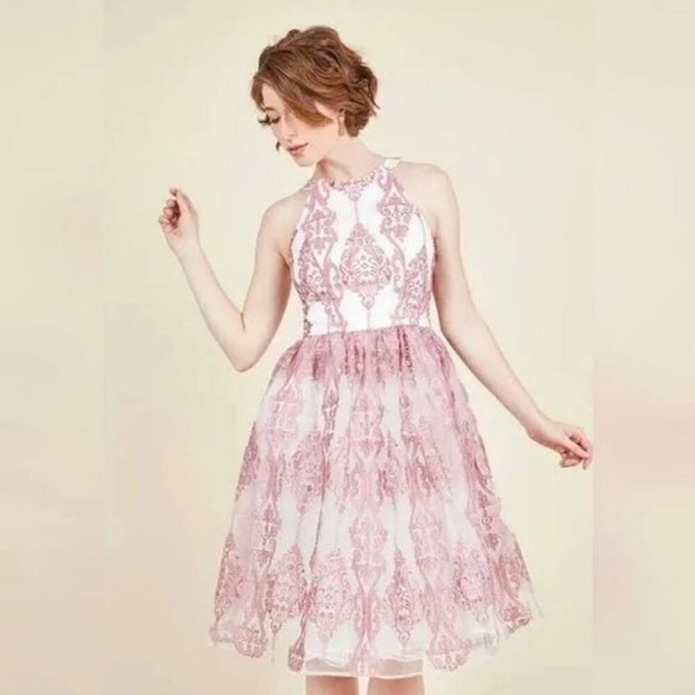 Chi Chi London damask halter dress size 6 pink white embroidered sparkle